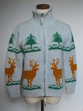 American Eagle Vintage Zip Deer Sweater | Blue, Green, Yellow | Small